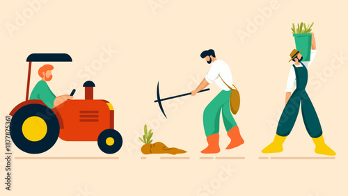 Farm Workers Harvesting Crops Flat Illustration