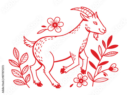 Graphic Red Goat Illustration with Flowers and Nature Foliage