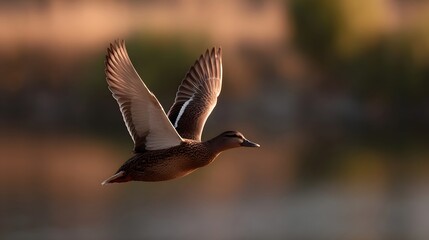 A lone duck gracefully flies during the golden hour wings spread against a soft blurred natural background