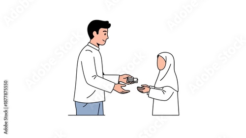 Man giving gift to woman in traditional attire, minimalist vector illustration