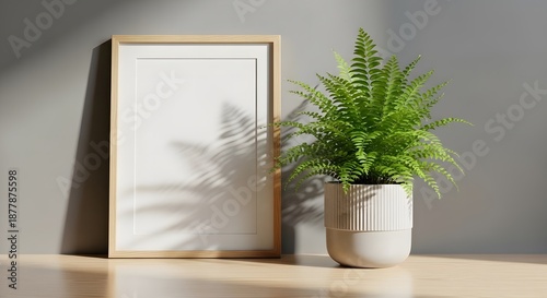 A minimalist composition featuring an empty wooden picture frame and a lush green potted plant casting soft shadows on a gray wall and light wooden floor, suggesting interior design or art display.