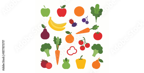 Cute colorful fruits and vegetables cartoon vector set