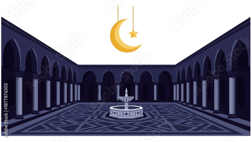 Islamic courtyard with crescent moon and star illustration