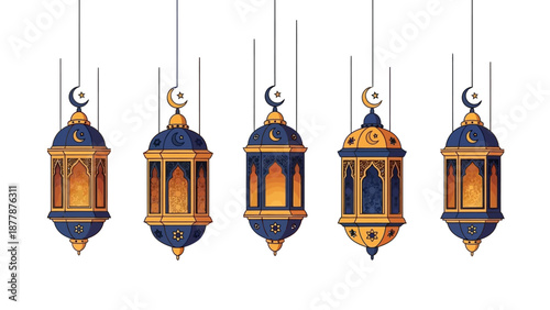 Traditional Arabic lanterns with intricate designs on white background