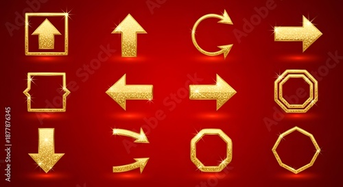 A diverse set of glittering golden arrow icons and polygonal frame shapes are displayed against a vivid red backdrop, ideal for representing navigation, choices, and abstract concepts.