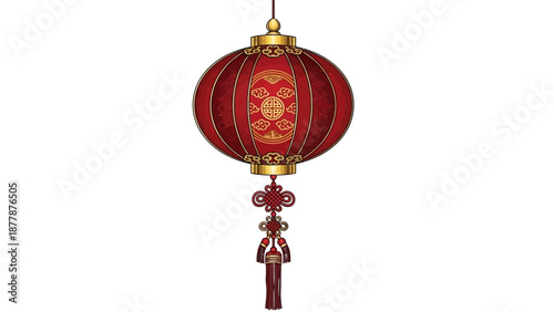Vector illustration of a vibrant red Chinese New Year lantern with golden accents and tassel against a clean white background.