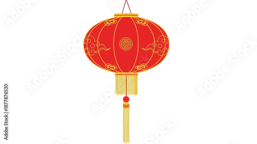 A vibrant red Chinese New Year lantern with golden accents and tassel hanging against a clean white background, traditional vector illustration.