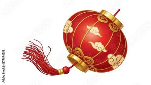 A vibrant red Chinese New Year lantern with golden accents and tassel against a clean white background, traditional vector illustration.