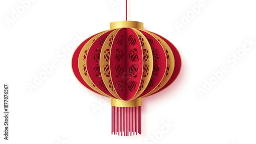 A vibrant red and gold Chinese New Year lantern with intricate designs and tassel hangs against a clean white background in a vector illustration.