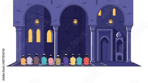 Group of People Praying in a Mosque at Night Illustration