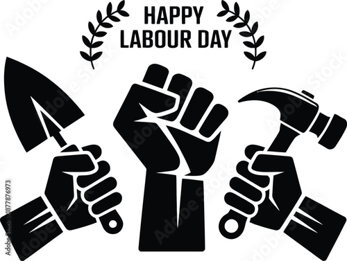 Happy Labour Day raised fist with shovel and hammer solidarity graphic