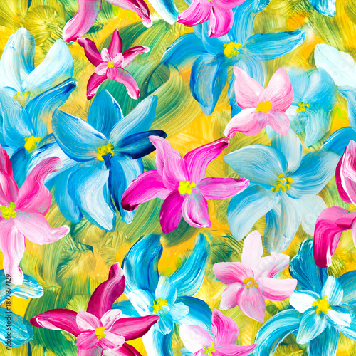 Seamless pattern of abstract blue and pink flowers, original hand drawn, impressionism style, color texture, art painting, creative hand painted art background, brush texture, acrylic.