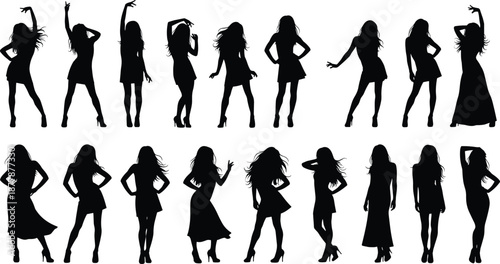Collection of female fashion model silhouettes posing in various styles, glamour beauty concept, creative dance movement vector illustration