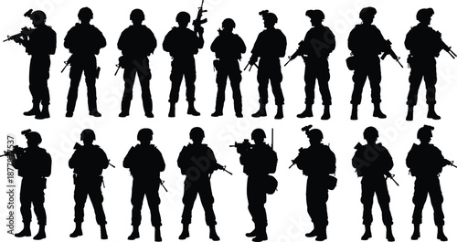 Silhouettes of armed soldiers in tactical gear standing in formation, ideal for military, defense, combat, and security-themed visual design projects.