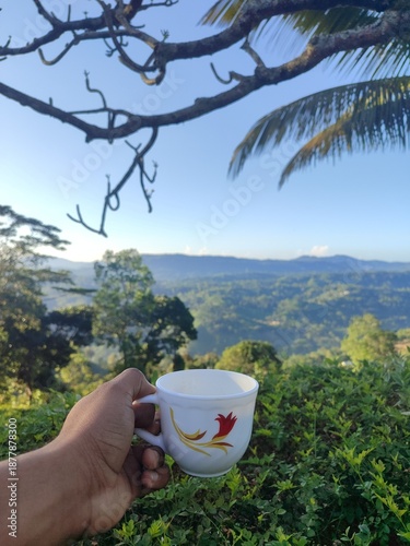 POV hand holding tea cup against lush tropical mountain nature view