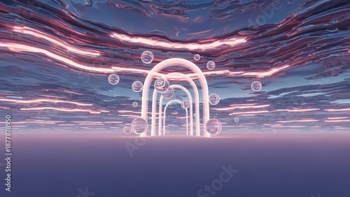 Futuristic Glowing Archway in a Dreamlike Abstract Landscape with Neon Light Trails.