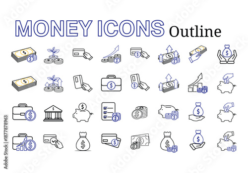 Money icon set. Designs related to money, such as Finance, Investment, Saving Money, economy, Business, and others. Outline design style.