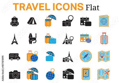 Travel icon set. Designs related to travel, such as vacations, beaches, airplanes, the Eiffel Tower, location signs, and more. Flat design style.
