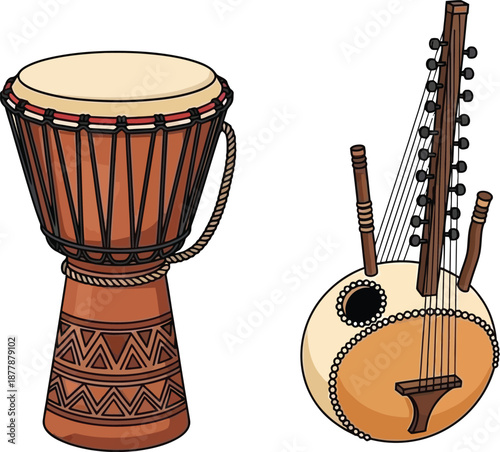 African traditional musical instruments djembe percussion drum and kora string harp lute isolated on transparent canvas