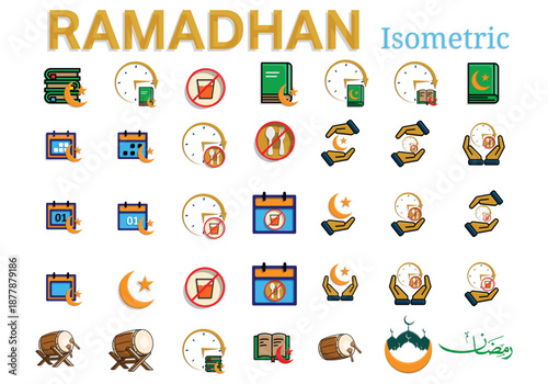 ramadan icon set. designs related to the month of Ramadan such as fasting, Islamic drum, Al Koran, Arabic Ramadan and others. Isometric design style.