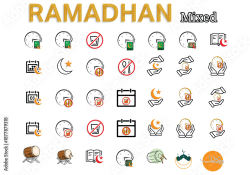 ramadan icon set. designs related to the month of Ramadan such as fasting, Islamic drum, Al Koran, Arabic Ramadan and others. Mixed design style.