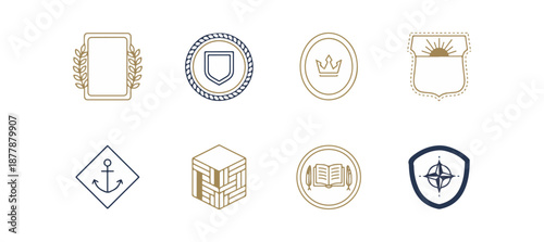 Decorative emblems and badges in gold and navy blue on black background