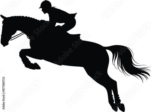 Elegant horse and rider jumping silhouette equestrian sport action in black and white artistic design for posters event branding athletic competition equine training illustration vector graphic elemen