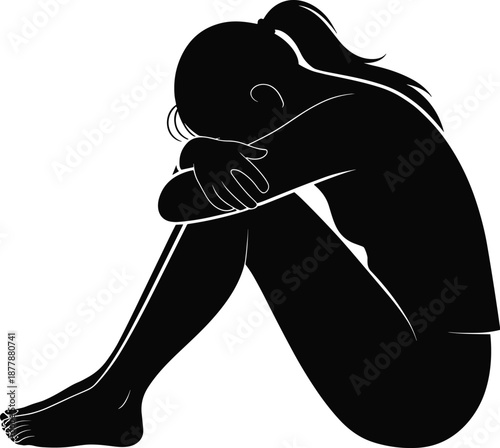 Sad woman silhouette sitting alone hugging knees feeling depressed and anxious in minimalistic black and white illustration for mental health awareness campaign and social issues advertising about str