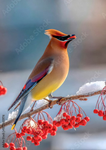 Cedar waxwing bird with berry
