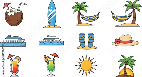 Assortment of summer vacation icons including surfboards, cruise ships, hammocks, cocktails, and tropical elements