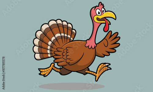 Cartoon turkey running with fanned tail feathers and open beak on a muted blue background bird fowl