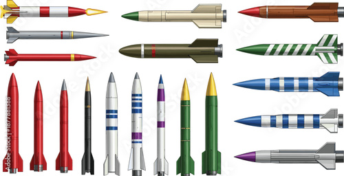 Collection of colorful missiles and rockets displayed in various shapes, designs, and patterns, military weapon illustration set, isolated vector artwork