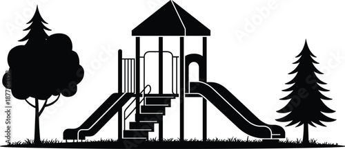 Black and white playground with slide and trees silhouette illustration for children's park recreation area outdoor activity fun childhood memories vector design for educational resources school proje