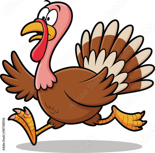 Cartoon turkey running with wide eyes and open beak on a white background bird fowl