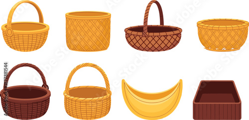 Collection of various woven baskets in different shapes, textures and colors, traditional handmade container illustration set for storage and decoration