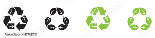 Recycle vector icon set. Arrows, heart and leaf recycle eco green symbol. Rounded angles. Recycled signs illustration isolated on white background. Recycling arrow ecofriendly. Vector Illustration. 