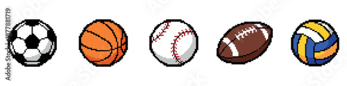 Set of pixel sports ball. Sport Balls icons. Pixelated sports balls set with soccer, basketball, baseball, volleyball, and football. Retro 8-Bit Sports Icons. Minimalist Pixel Graphics. Classic Sports