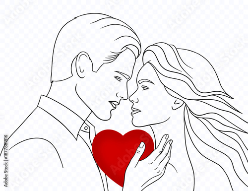 Silhouette of a beautiful couple in love, a guy in love gives his heart to his girlfriend on a transparent background. Vector illustration.