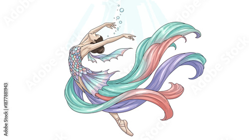 Mermaid swimming underwater with flowing tail.
