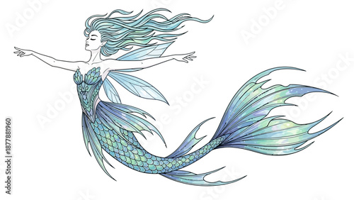 Beautiful mermaid with flowing green hair and shimmering tail.