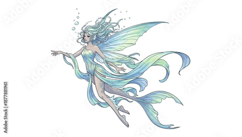 A beautiful mermaid with flowing blue and green hair and tail.