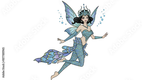 Fantasy fairy character in blue costume with wings flying.