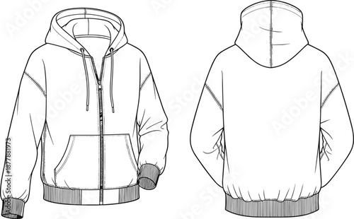 Front and back hoodie technical line drawing, unisex zip up sweatshirt template, fashion flat sketch, vector outline apparel design illustration