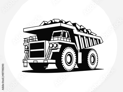 Vector illustration of heavy mining dump truck carrying rocks minerals in monochrome black and white design for construction industrial equipment transportation machinery graphic resource template pre