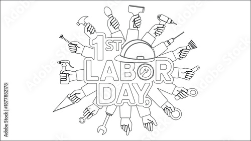 Labor Day celebration with construction worker hands holding various tools
