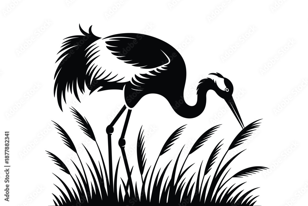 Fototapeta premium Elegant black and white crane bird feeding in marsh grass minimalist silhouette vector illustration for nature conservation wildlife sanctuary wetland preservation environmental awareness posters and