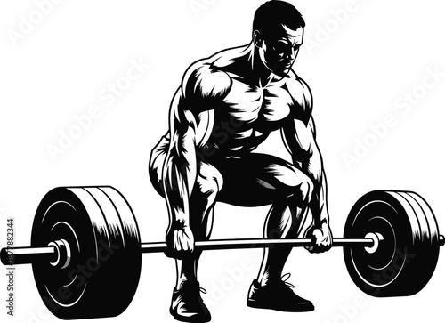 Strong muscular man lifting heavy barbell weight in gym workout training session athletic physique strength bodybuilding fitness exercise sportsman power sport challenge black and white graphic illust