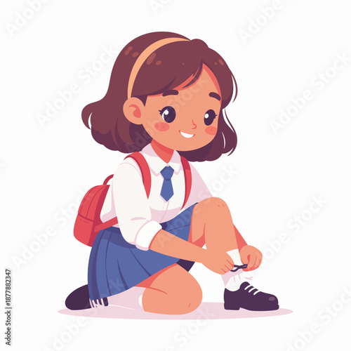 Cute schoolgirl in uniform carefully tying her shoelaces, embodying a moment of independence and readiness as she prepares for a new day of learning and adventure at school