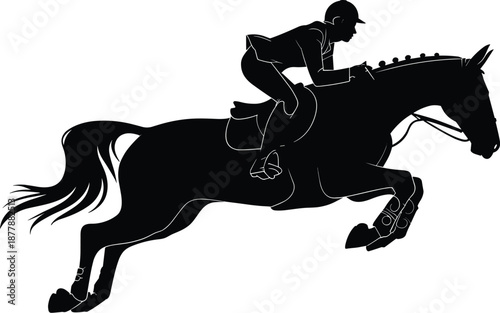 Equestrian rider jumps on horse silhouette illustration for show jumping competition athletic sport artistic design training exercise horseback riding challenge equestrian event for advertising or mar