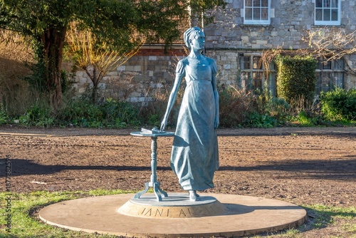 Winchester England - January 10 2026: The Janes Austen Statue by Martin Jennings at Winchester Cathedral to mark the 250th anniversary of her birth
